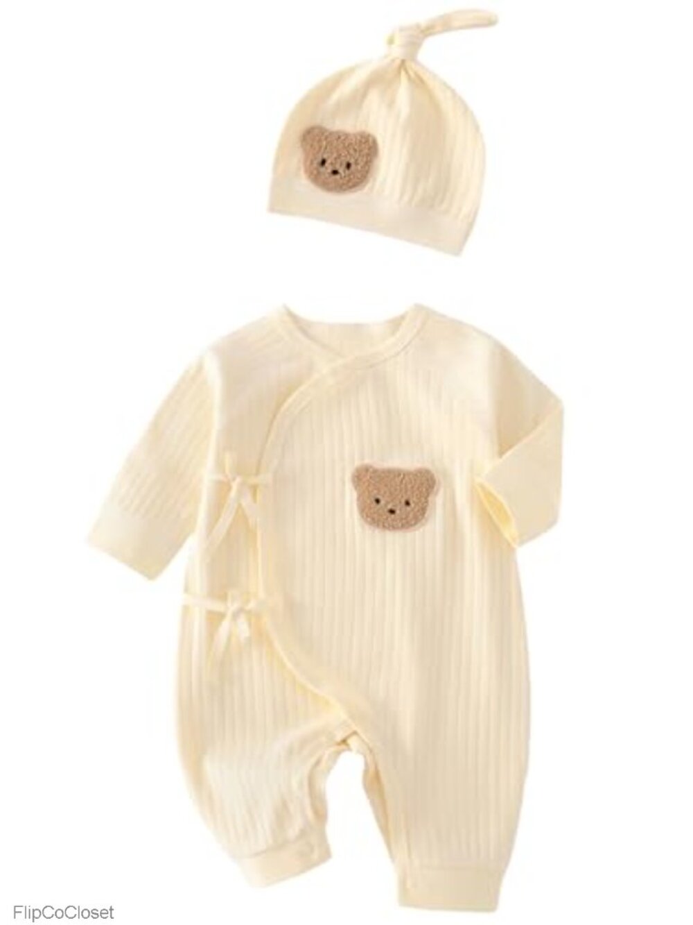 Baby Ribbed Romper and Hat Set 100% Cotton Long Sleeve Bear Applique Boys Girls